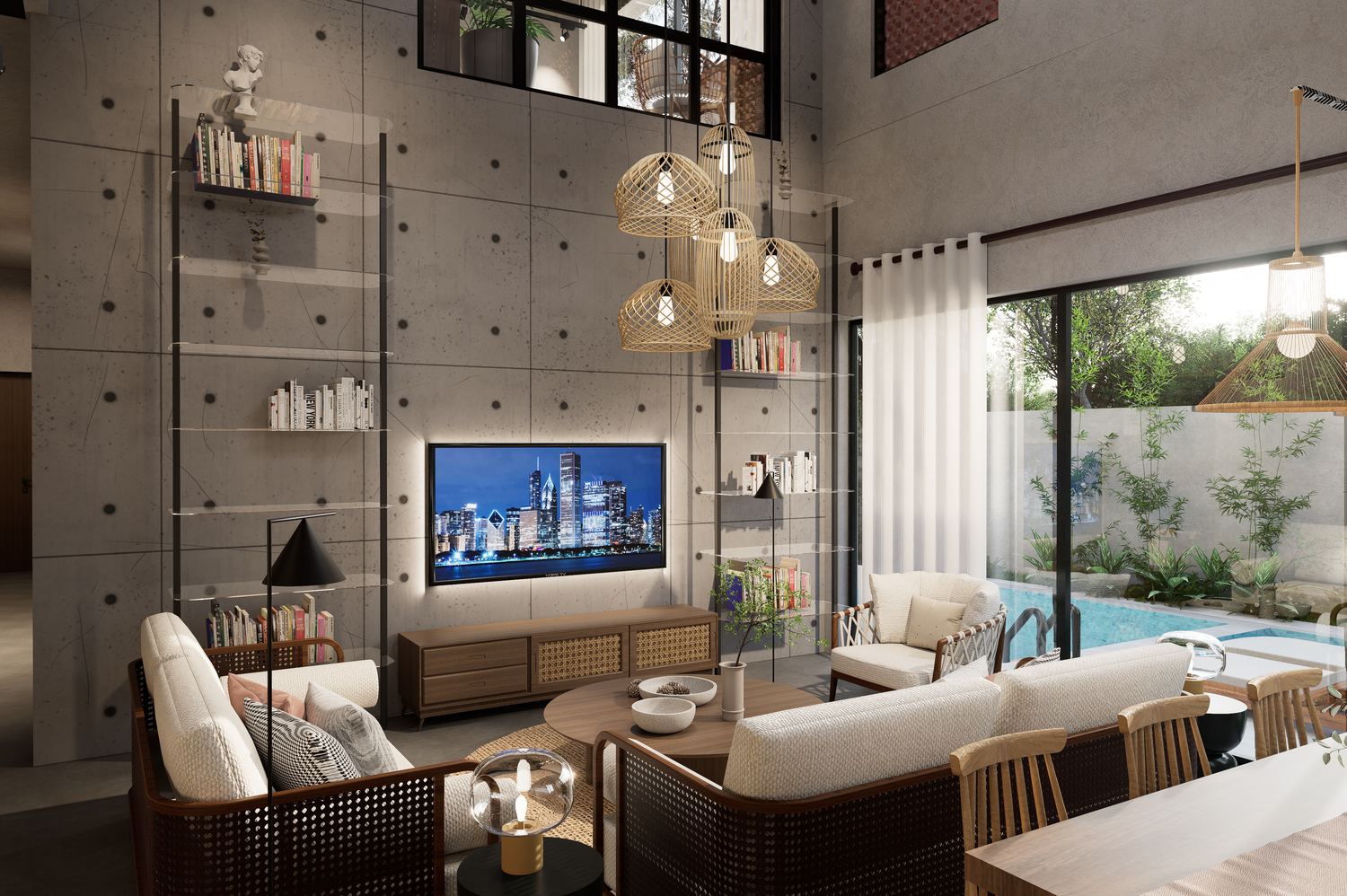 Double-height living room with rattan pendants