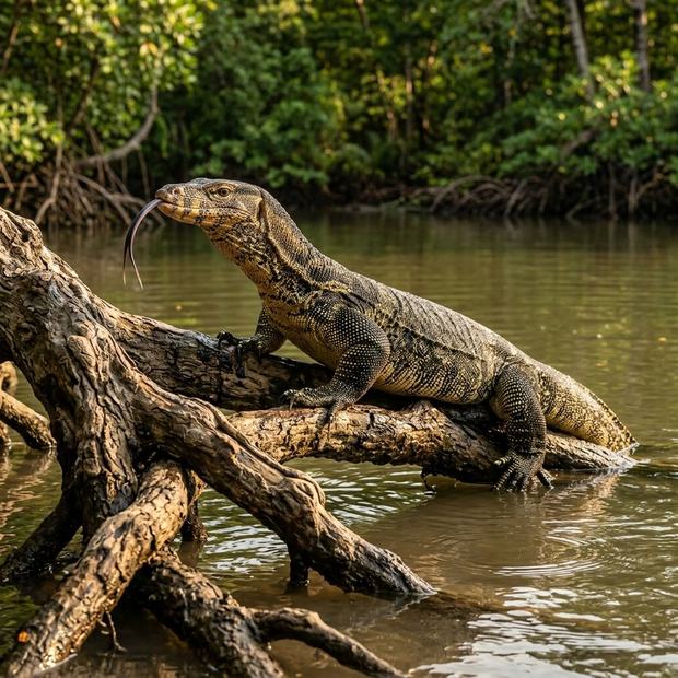 Asian water monitor basking on mangrove roots
